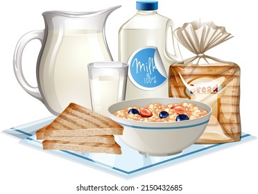 Breakfast set with cereal and milk illustration