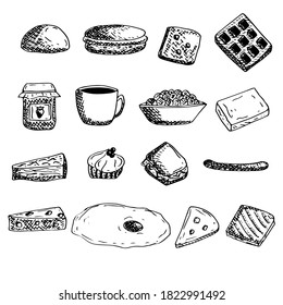 Breakfast set of cliparts, vector illustration, buns, sandwiches, sweets, coffee, scrambled eggs, sausage and porridge, hand drawing