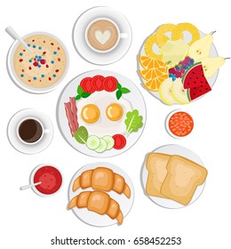 Breakfast set. Coffee, toasts, croissants, omellette, fruits, jam, oatmeal, beans, bacon, cappuccino, eggs.