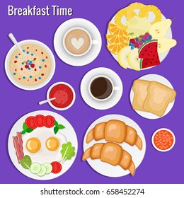 Breakfast set. Coffee, toasts, croissants, omellette, fruits, jam, oatmeal, beans, bacon, cappuccino, eggs.