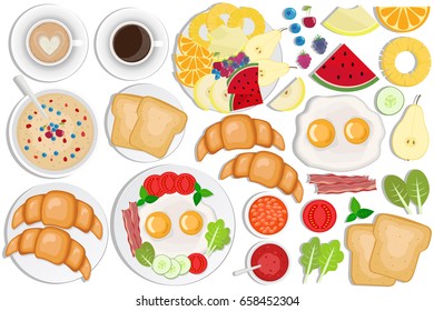 Breakfast set. Coffee, toasts, croissants, omellette, fruits, jam, oatmeal, beans, bacon, cappuccino, eggs.