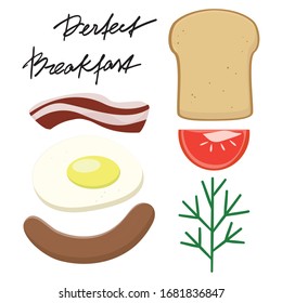 Breakfast set colorful flat style icons  with lettering vector isolated