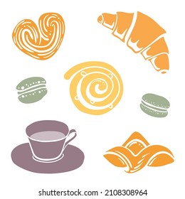 Breakfast set. Colorful paper cut collection of bread and desserts isolated on white background. Doodle hand drawn bakery products icons. Vector illustration