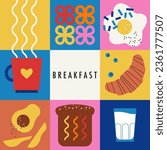 Breakfast set. Cup of a favorite drink, coffee, cocoa or tea. Croissant with berries, fried egg, sandwich, avocado, glass of milk. Simple, geometric, modern style. Food background. Morning poster.