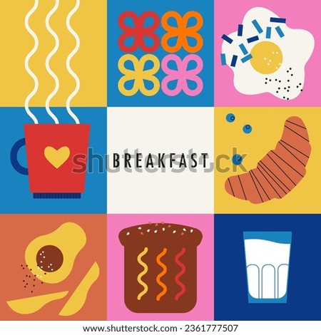 Breakfast set. Cup of a favorite drink, coffee, cocoa or tea. Croissant with berries, fried egg, sandwich, avocado, glass of milk. Simple, geometric, modern style. Food background. Morning poster.