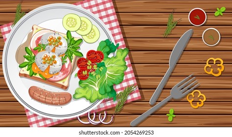Breakfast set in a dish in cartoon style on the table illustration