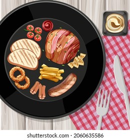 Das Frühstück wird in einem Cartoon-Stil auf der Tischgrafik serviert