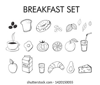 Breakfast set. Doodles Food.  Isolated on white background