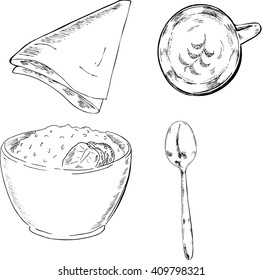 Breakfast set drawn by ink. Cartoon line sketch. Bowl of porridge. Oatmeal with strawberry. Cappuccino. Napkin. Spoon. Hand drawn vector illustration.