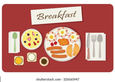 breakfast set with drinks. vector illustration