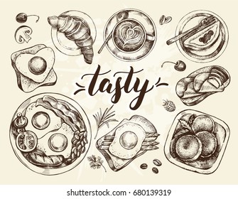 Breakfast set. English fried eggs, coffee, toast, croissant, strudel, Cottage cheese pancakes. Food elements top view collection. Vector ink hand drawn illustration.