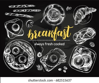 Breakfast set. English fried eggs with bacon, coffee, toast, croissant, Cottage cheese pancakes, asparagus wrapped in ham. Food elements top view collection. Vector ink hand drawn illustration.