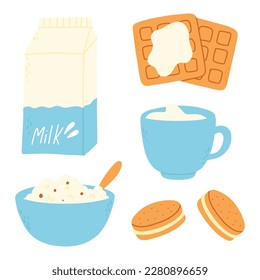 El desayuno es de estilo plano. Colección de gofres, leche, galletas, avena. Ilustración vectorial. Desayuno lechero.