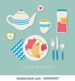 Breakfast set flat vector illustration