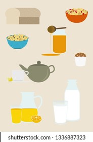 Breakfast set food and drinks. Flat style vector illustration.