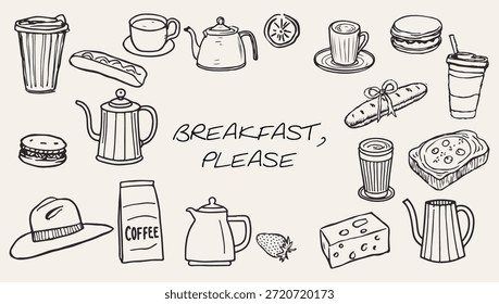Frühstück Set mit Essen, Getränke, Töpfe, Tassen in Vintage Handzeichnung Skizze Stil. Essen und Trinken im Doodle Simple Style für trendy handgezeichnetes Design. Keine AI