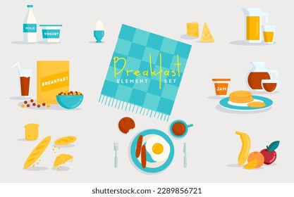 Breakfast set with food, flat elements, milk bottle, yogurt, egg, fruits, bread 