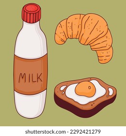 Breakfast. A set of food items. Milk, croissant and egg sandwich
