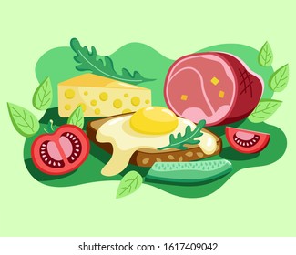 Breakfast set with fried egg, bread, tomato, cheese and ham. 
Healthy delicious meal. Nutrition products. 