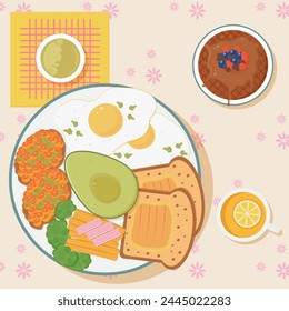 Breakfast set. Fried eggs, avocado,toasted bread, broccoli, crab sticks, mustard in sauce, tea with lemon, raspberries chocolate dessert on the table. Healthy breakfast. Flat vector illustration.