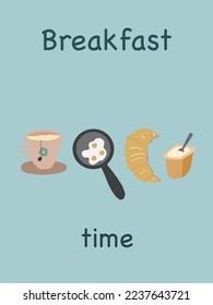 Breakfast set with fried eggs croissant yogurt and tea