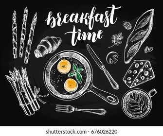 Breakfast set. Fried eggs in a frying pan, coffee, croissant, baguette, asparagus, Maasdam cheese. Food elements collection. Vector illustration. Menu, signboard template with modern style lettering.