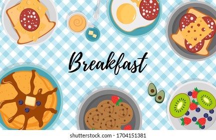 Breakfast set with fruits bacon and eggs, parsley, toast with sausage and cheese. Breakfast concept with fresh food, top view. Meal Time. Vector illustration in flat design, EPS 10.