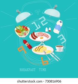 breakfast set for good morning on art design alarm clock background.vector illustration.