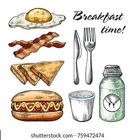 Breakfast set hand drawing vintage style on white background