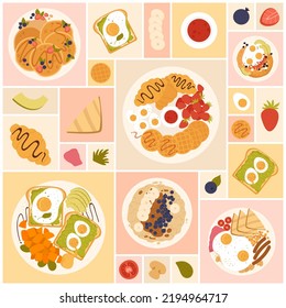 Desayuno, menú de comida matutina saludable de restaurante o cafetería, mejor ilustración vectorial de vista. Huevos de dibujos animados, salchichas y pan en placa, gachas y sándwich, cruasán en collage geométrico