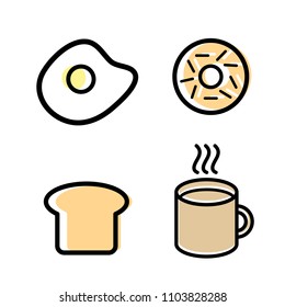 Breakfast Set, Icon Vector, Flat Design, Fried Egg, Donut, Bread Slice, Hot Drink