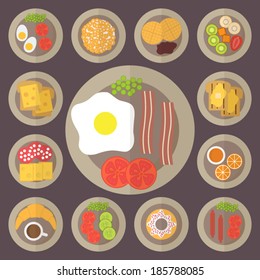 Breakfast set, icons for food, breakfast, restaurant and menu. Flat design vector