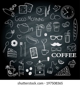 Breakfast set icons on the chalkboard 