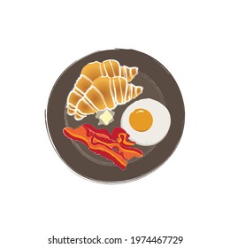 Breakfast set includes butter croissants, fried eggs and bacon on a plate.Vector drawing 