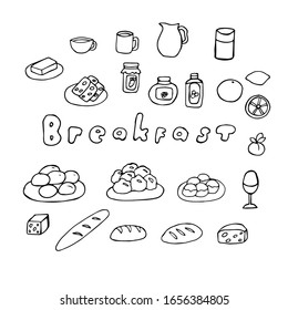 Breakfast, set, inscription, vector illustration, hand drawing, rolls in plates, bread, butter, cheese, cups with drinks, a jug of milk, jars of jam from different berries, fruit