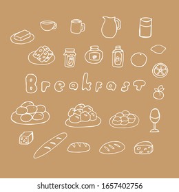 Breakfast, set, inscription, vector illustration, hand drawing, rolls in plates, bread, butter, cheese, cups with drinks, a jug of milk, jars of jam from different berries, fruit, white line on brown
