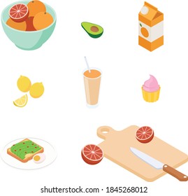 Breakfast set. Isometric vector illustration in flat design.