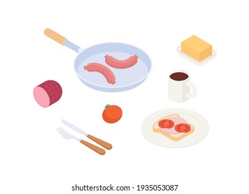 Breakfast set. Isometric vector illustration in flat design. 