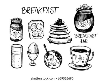 Breakfast set with jar, egg, coffee, juice, porridge, pancakes, sandwich. Hand drawn sketch converted to vector.