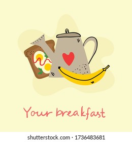 Breakfast set of kettle, burger and banana. Flat modern vector illustration. Healthy and tasty food concept.