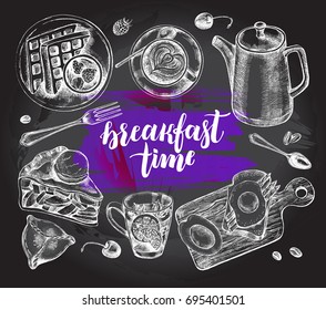 Breakfast set. Kettle, coffee in a cup, tea, waffles on a plate, apple pie, toast. Food elements collection. Vector ink hand drawn illustration with modern brush calligraphy style lettering.