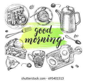 Breakfast set. Kettle, coffee in a cup, tea, waffles on a plate, apple pie, toast. Food elements collection. Vector ink hand drawn illustration with modern brush calligraphy style lettering.