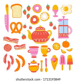 Breakfast set with kitchen utensil and appliance. Scandinavian illustration of kitchen elements in flat style. Funny cartoon texture with hand drawn food preparation and kitchenware. Vector clipart.