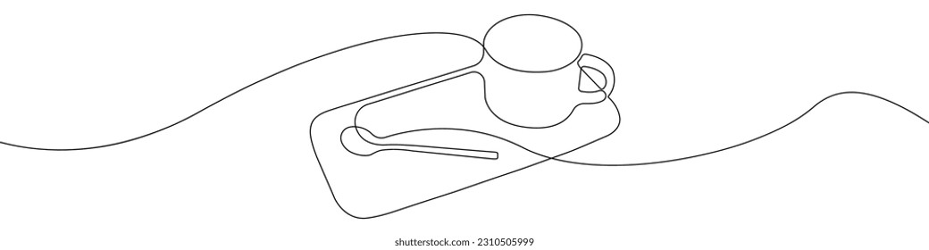 Breakfast set line continuous drawing vector. One line Coffee on a stand vector background. Spoon and coffee on a stand icon. Continuous outline of a Dessert set. 