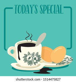 Breakfast set menu board. Traditional oriental style coffee with half boiled eggs set on blue signboard. Vintage Nanyang style coffee cup and plate - flat art vector