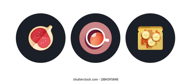 Breakfast Set. Modern Flat Vector Concept Illustrations. Badges with Fig, Cup of Coffee, Bread with Sliced Banana. Social Media Ads.