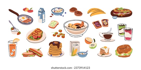 Breakfast set. Morning healthy meals: fried egg with bacon, pancakes, granola, omelette, pudding, cereal with milk, coffee. Tasty food, delicious dishes. Flat isolated vector illustration on white