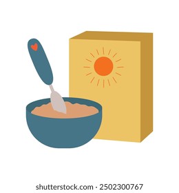 Desayuno preparado. Caja de avena, plato y cuchara. Comida para bebés. Ilustración vectorial aislada en estilo de arte de Clip