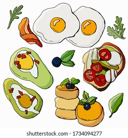 
Breakfast set on an isolated white background. Fried eggs with bacon, toast with mozzarella and tomatoes, avocado with eggs, cheesecakes.