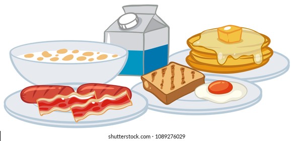 Un juego de desayunos en fondo blanco